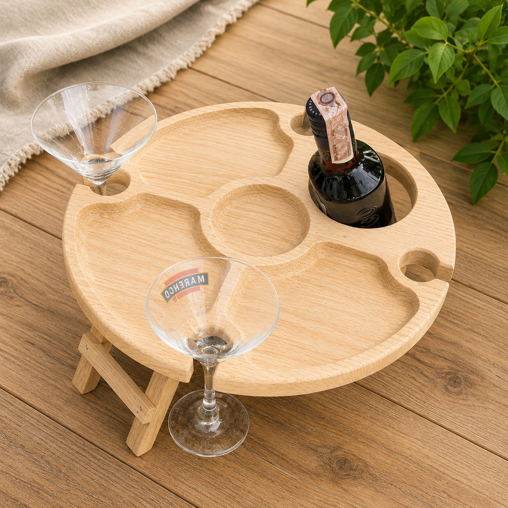 Round wooden wine picnic table with bottle holder and four glass holders made from natural beech wood