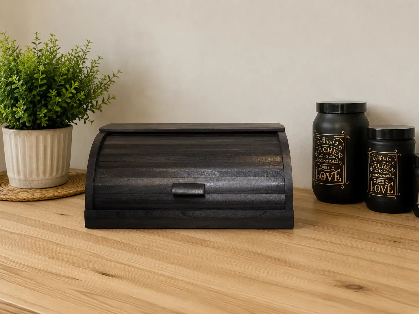 Black Wood beech bread box with roll top lid