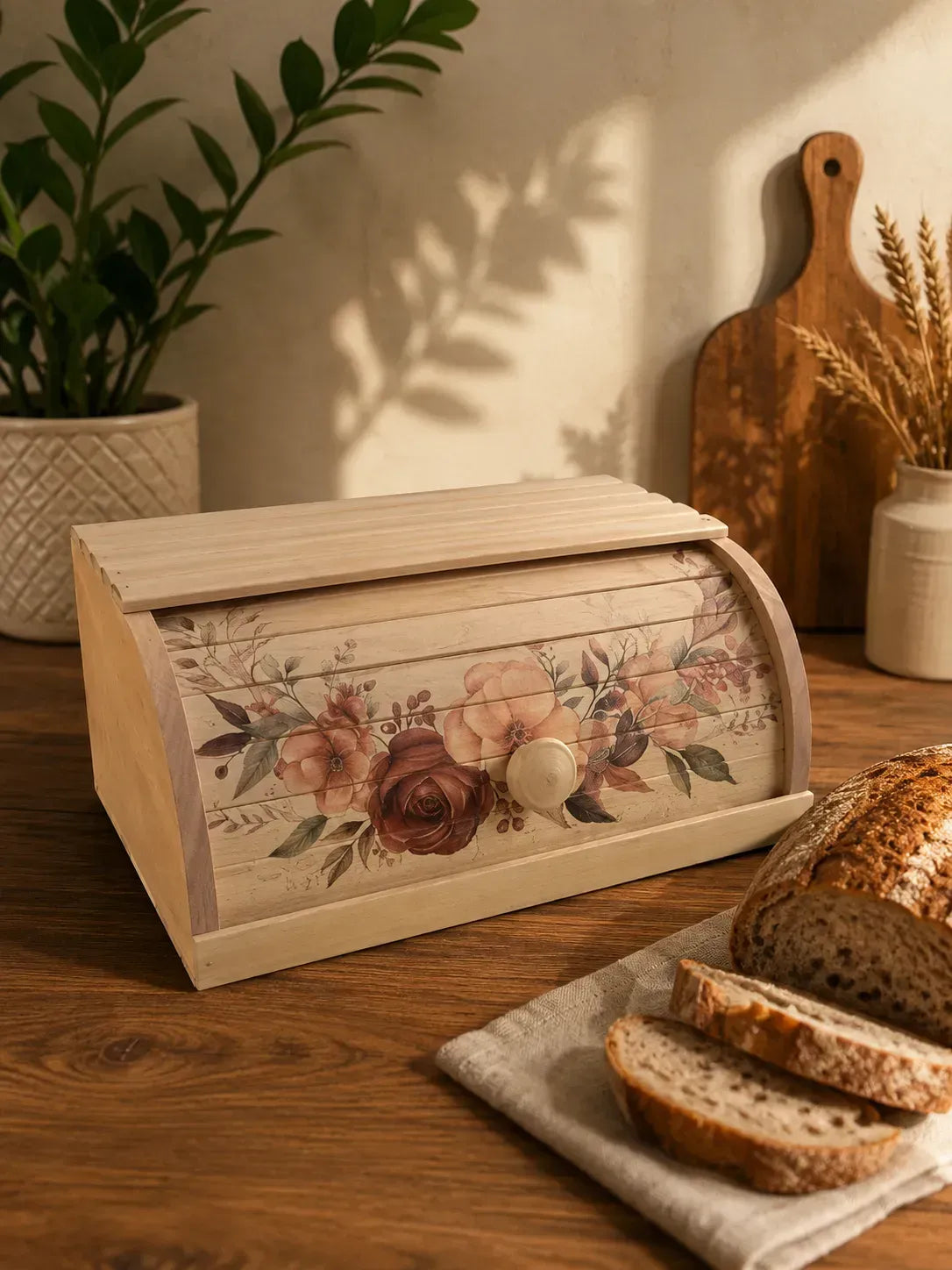 Handcrafted wooden bread box with floral rose design made from natural beech wood