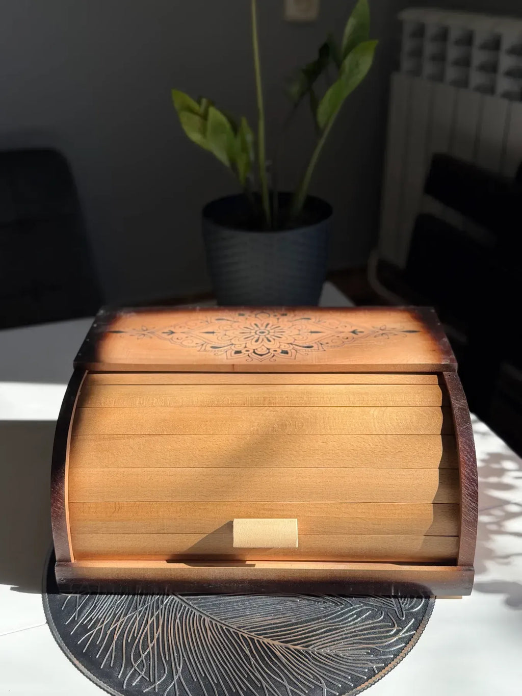 Handmade beech wood bread bin with roll top lid