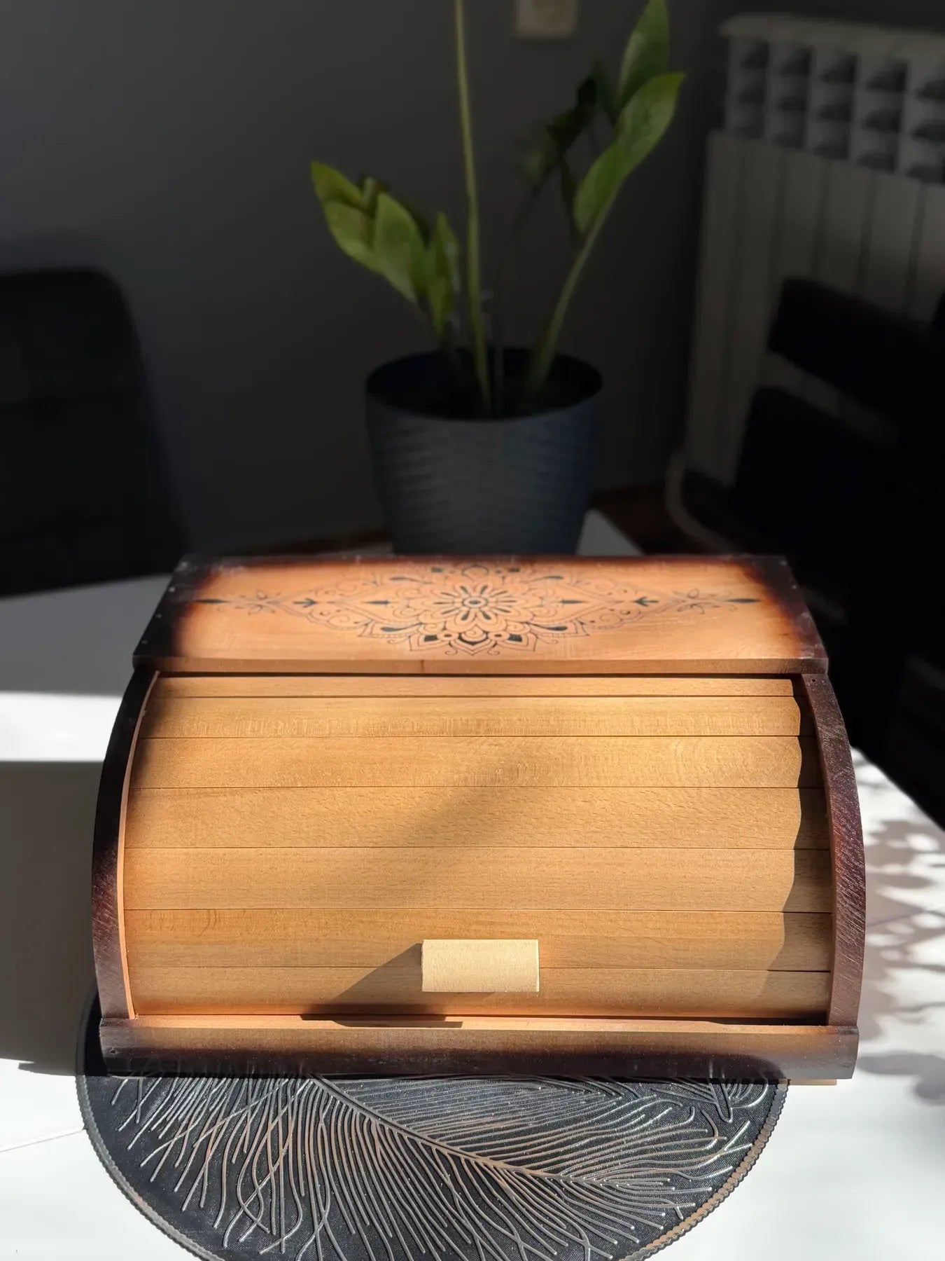 Handmade beech wood bread bin with roll top lid
