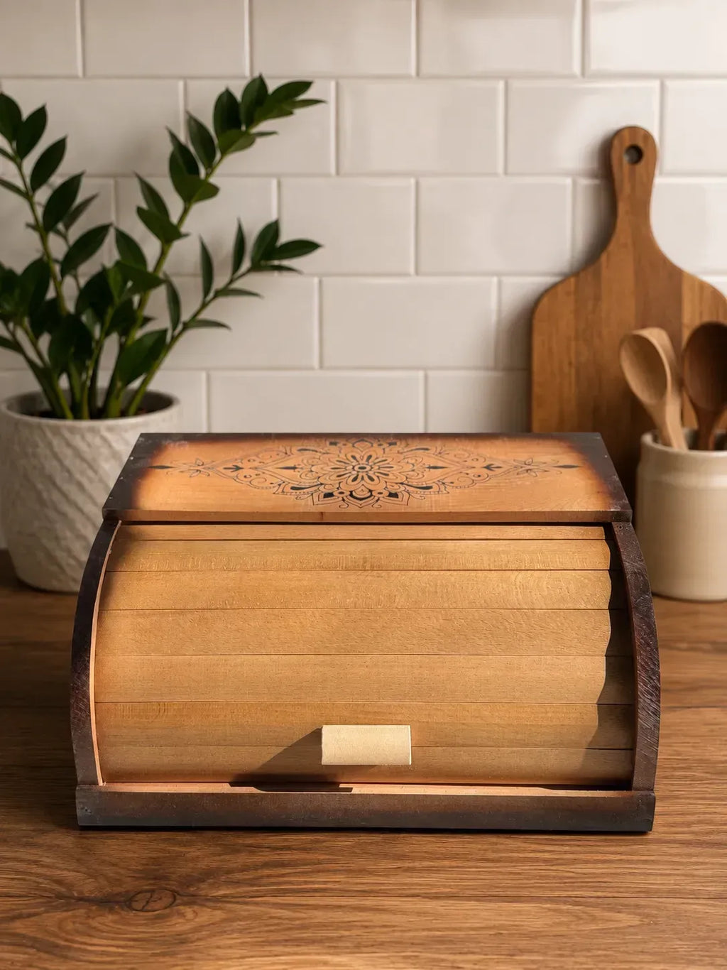 Natural wooden bread storage container for kitchen