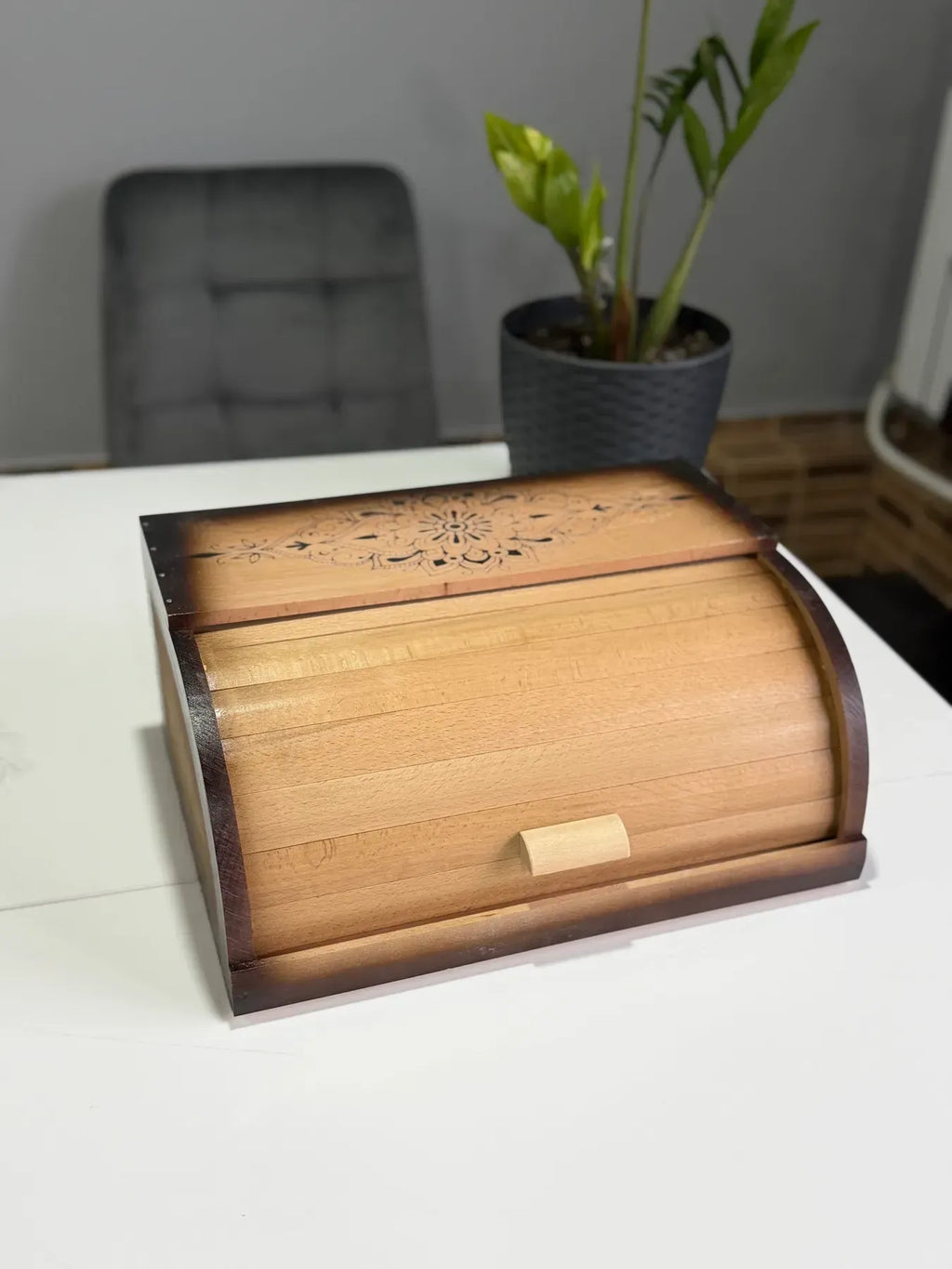 Roll top bread box crafted from beech wood