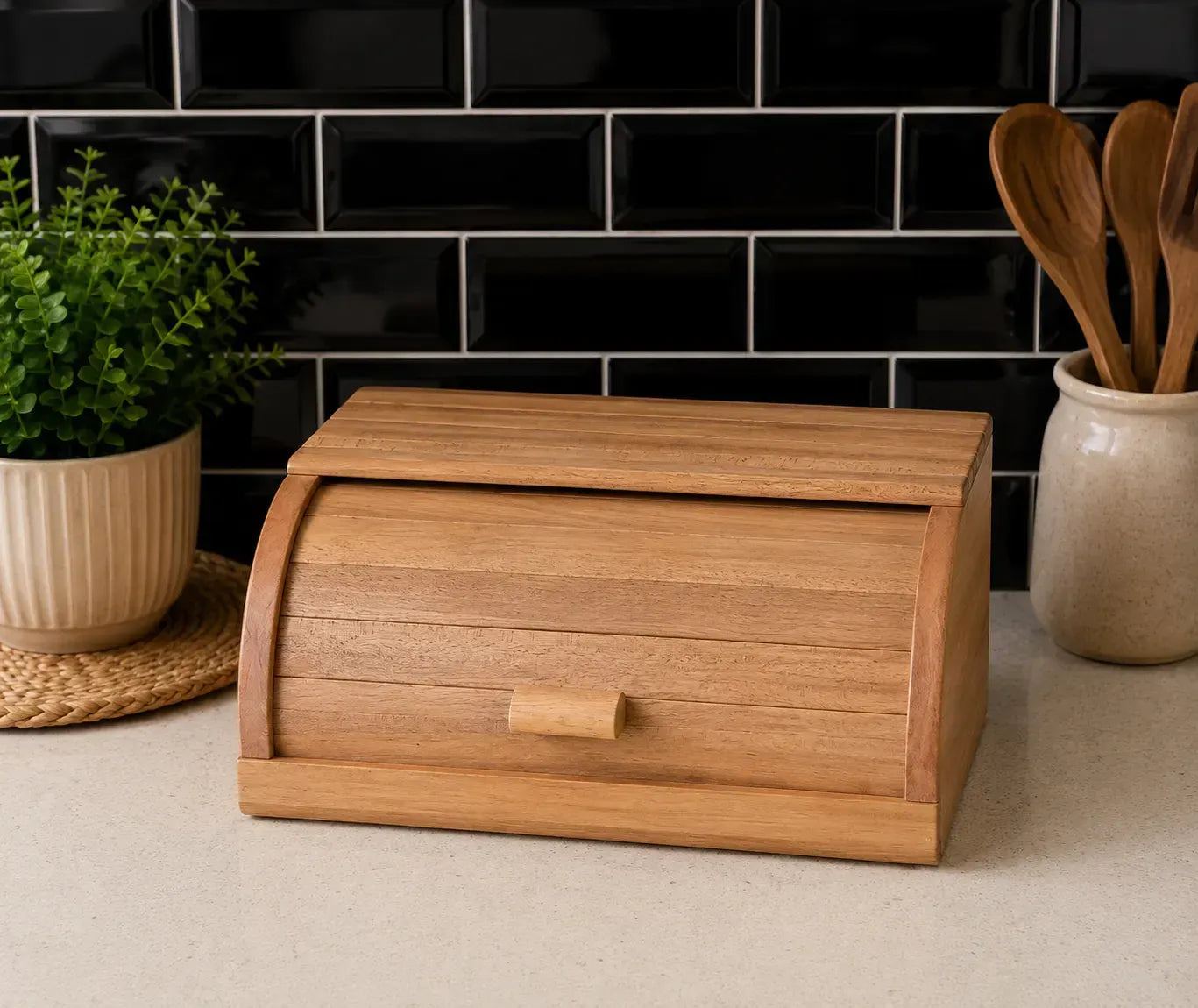 Natural beech wood bread box with roll top lid