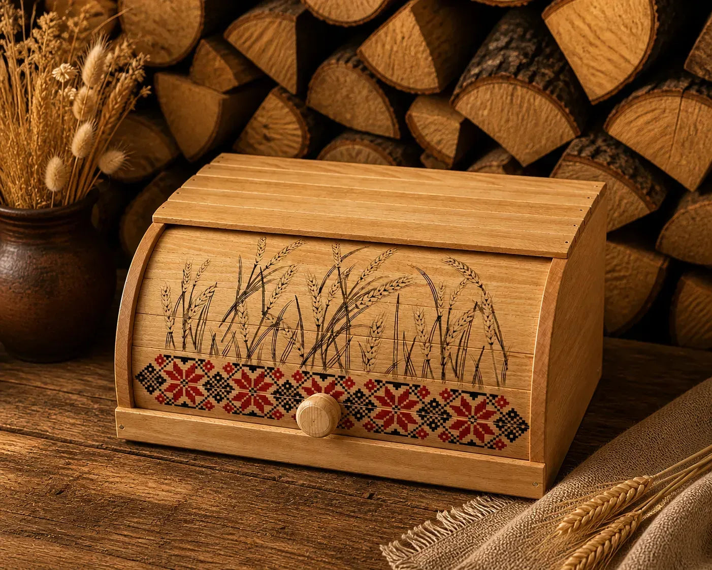 Wooden bread box with wheat field design