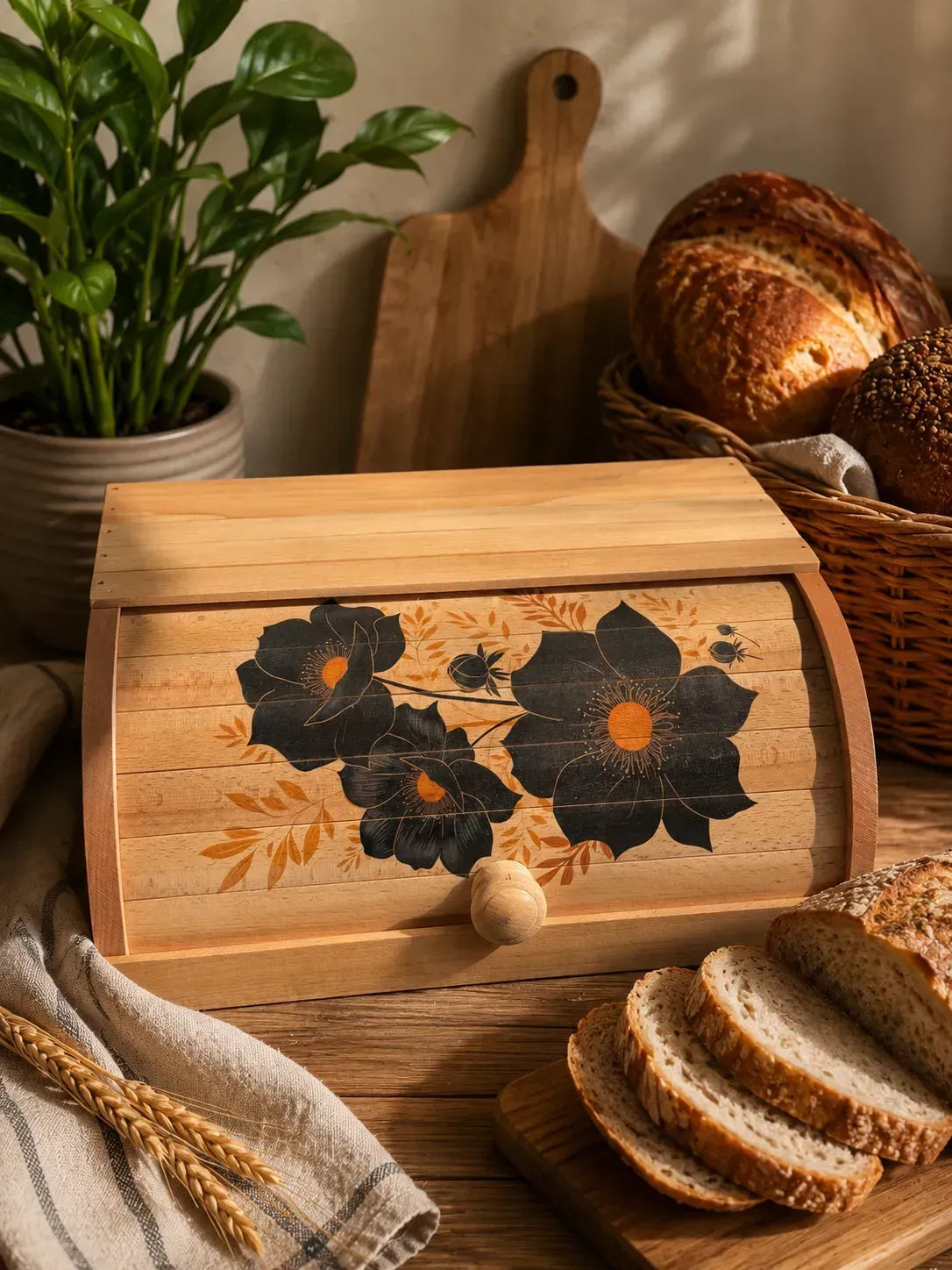 Handmade beech wood bread bin with flower pattern