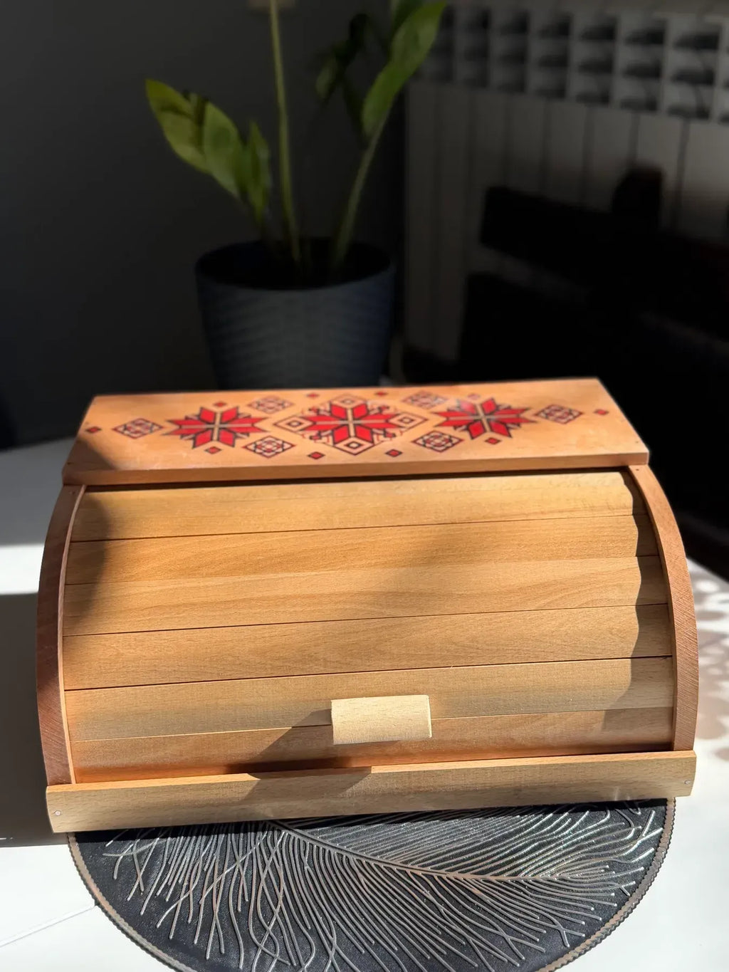 Handmade beech wood bread bin with folk design
