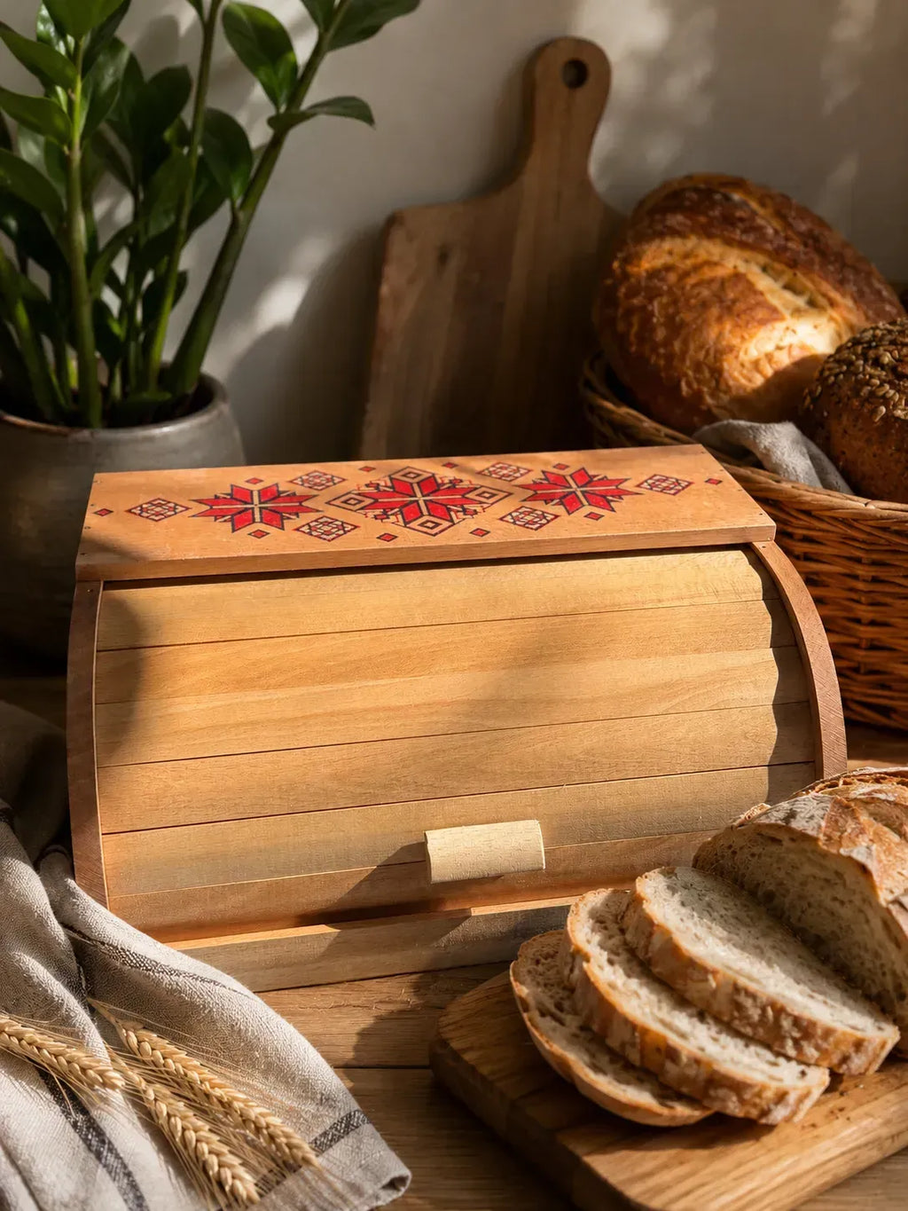 Ukrainian style wooden bread box for kitchen