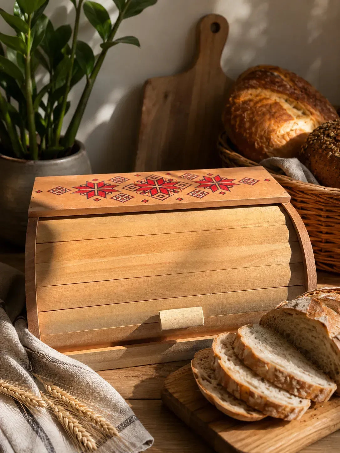 Ukrainian style wooden bread box for kitchen