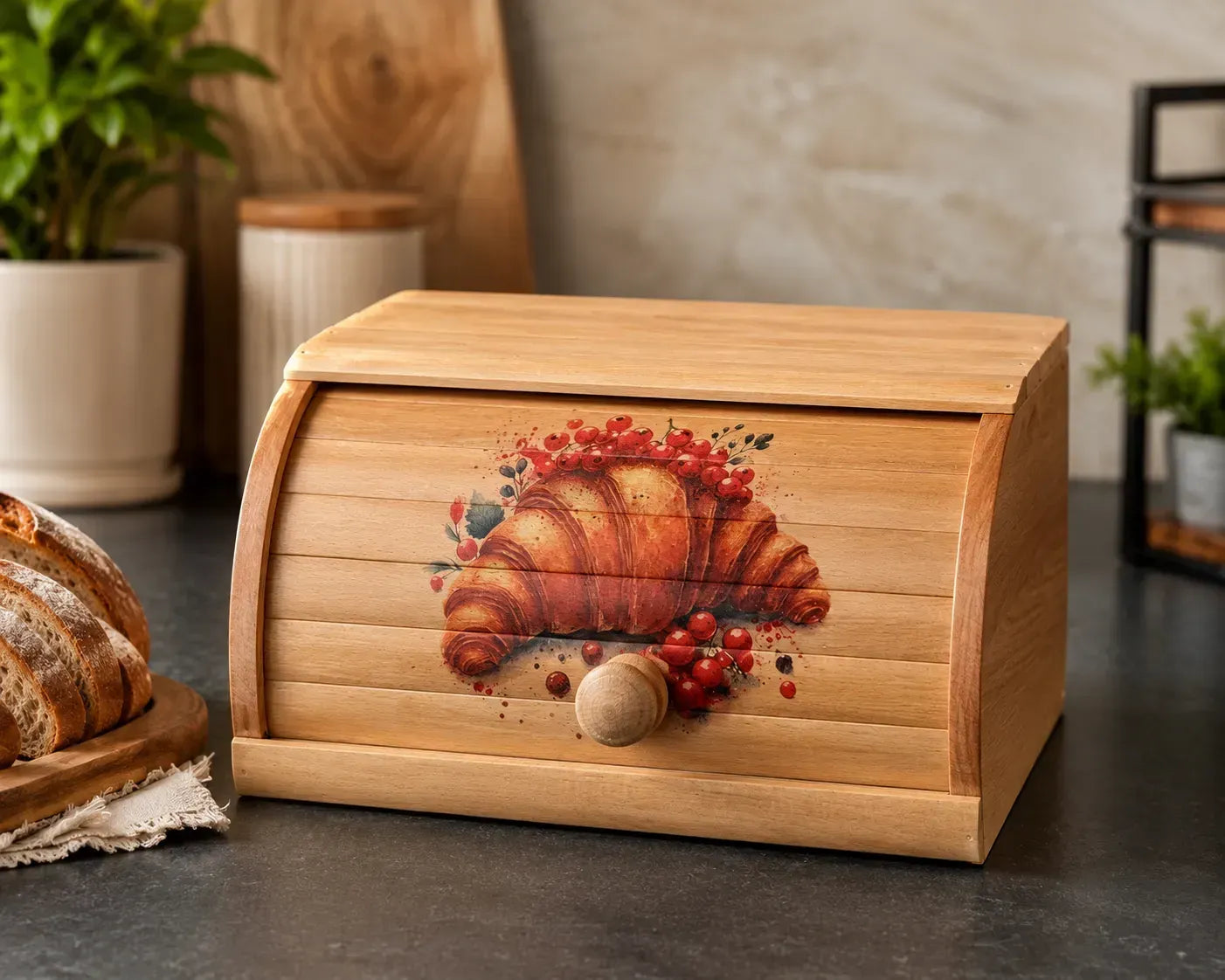 Handmade beech wood bread box with croissant artwork on front panel