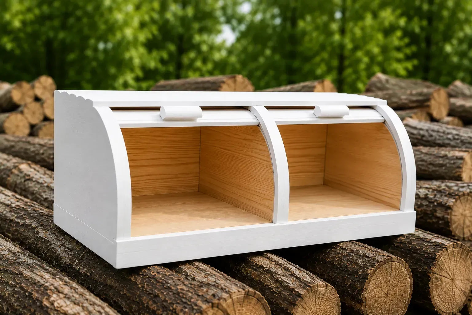 White beech wood bread storage box with two roll-top compartments