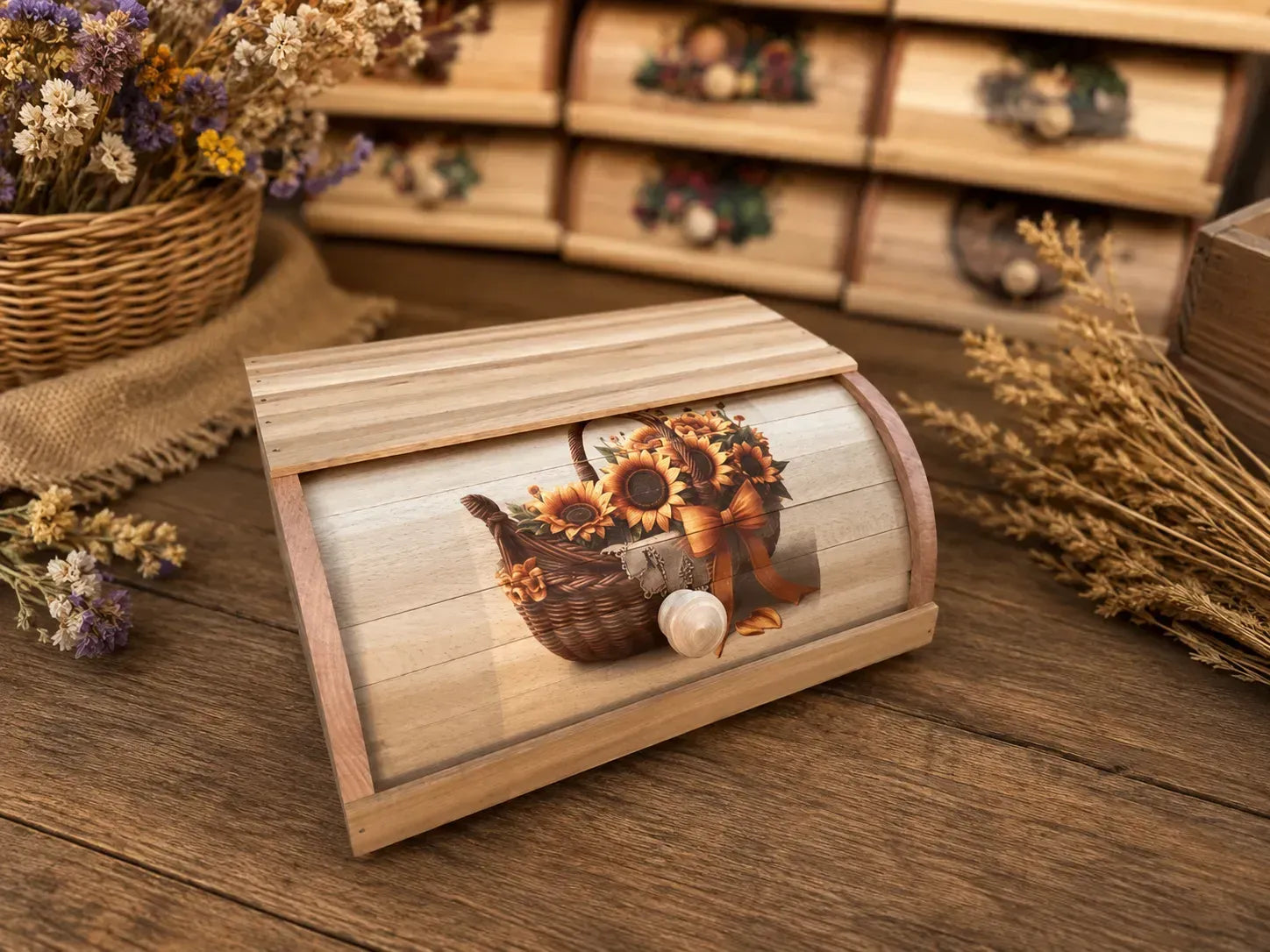 Wooden bread box with sunflower basket design