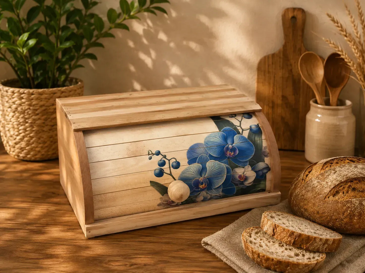 Handmade beech wood bread box with blue orchid floral design