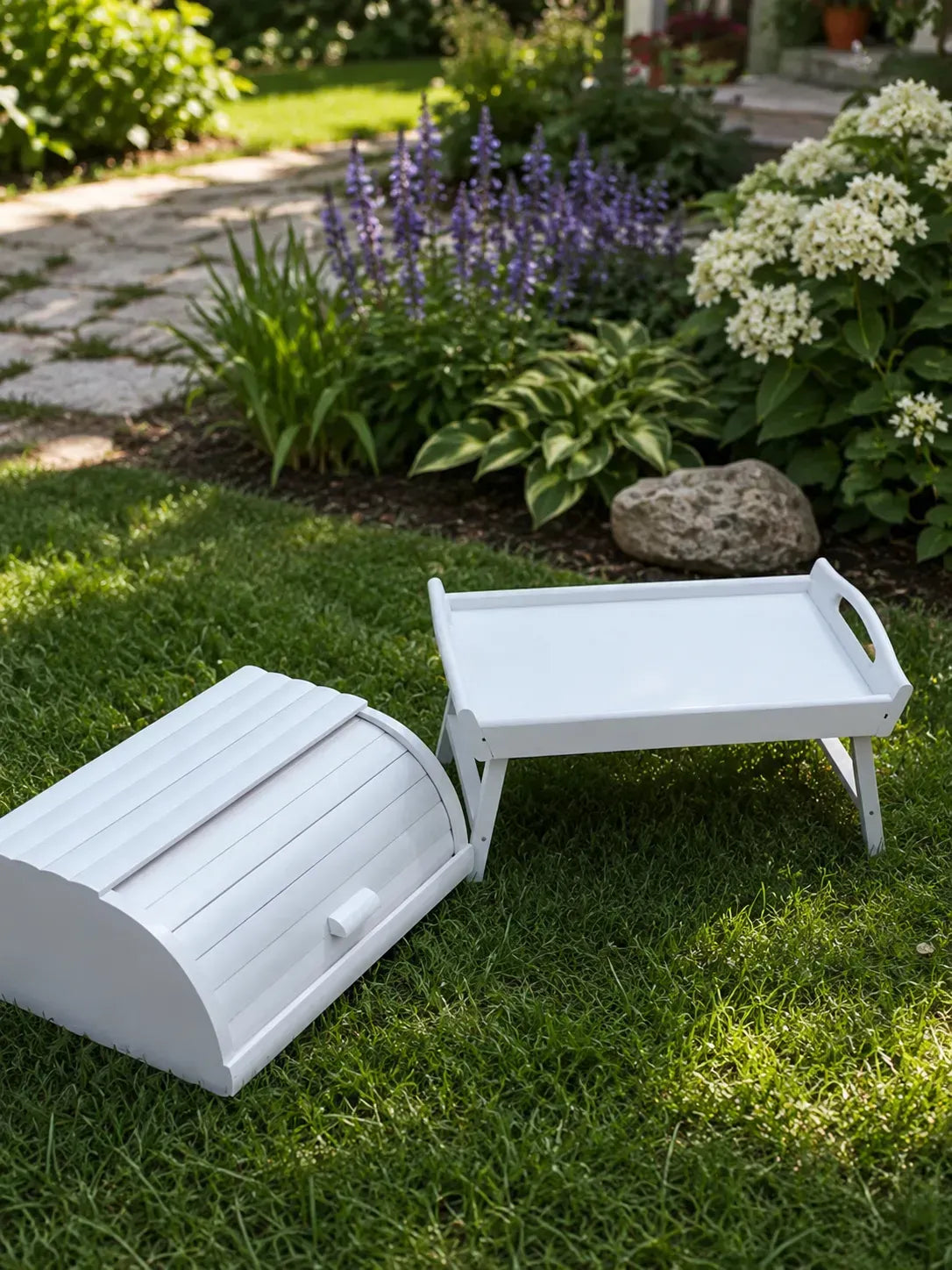 White wooden bread box with matching serving tray