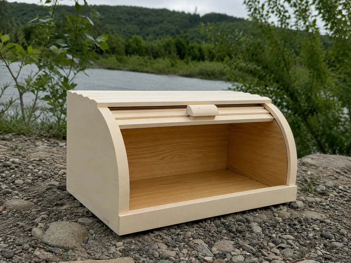 Beige roll-top bread box for storing bread and pastries