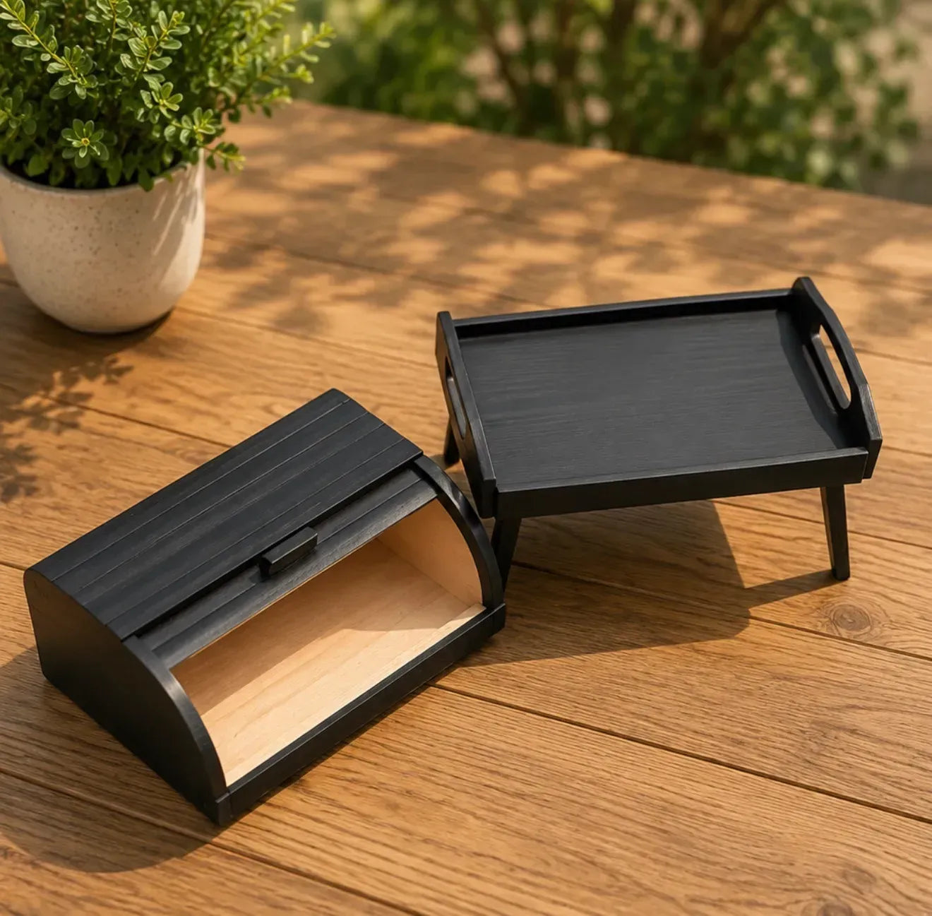 Black wooden bread box and breakfast tray set