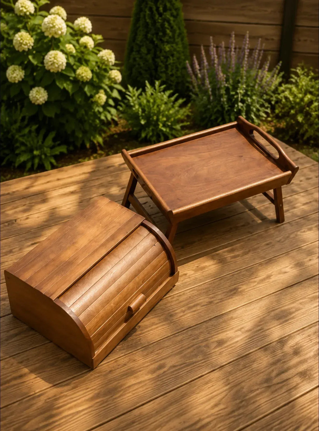Oak bread box and breakfast tray wooden set