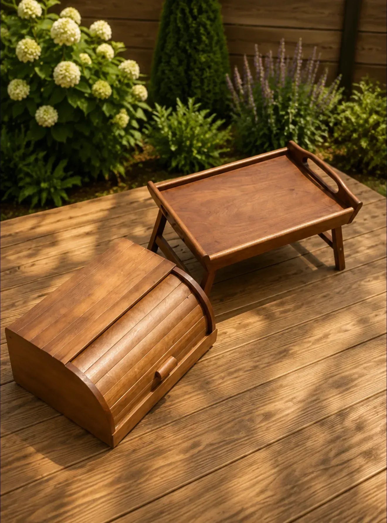 Oak bread box and breakfast tray wooden set