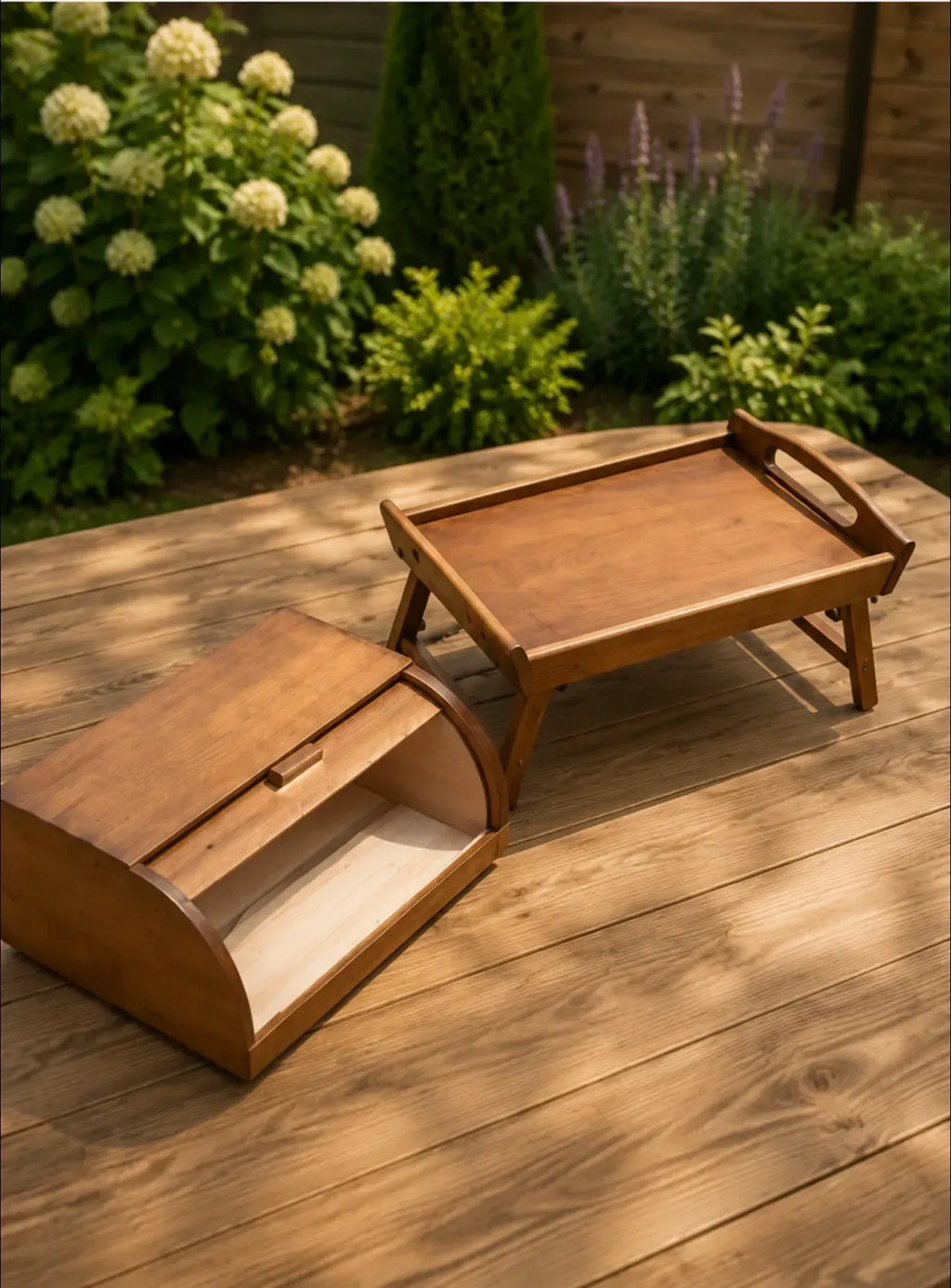 Handmade wooden bread bin with matching breakfast tray