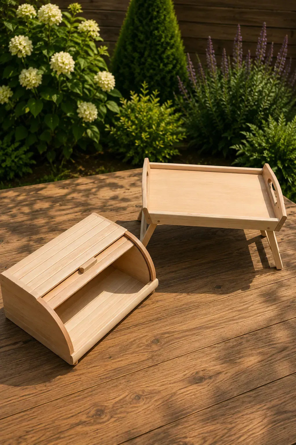 Natural wood bread box with matching serving tray
