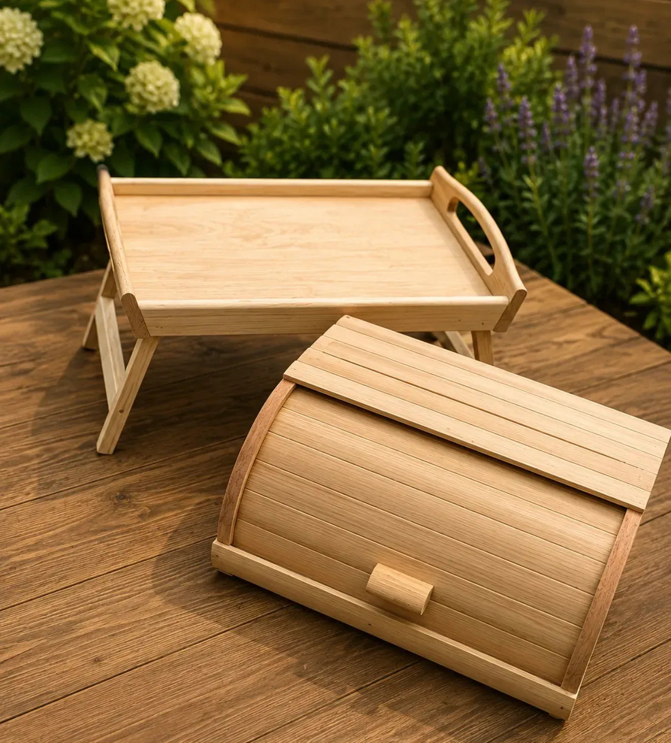 Eco bread box and breakfast tray wooden set