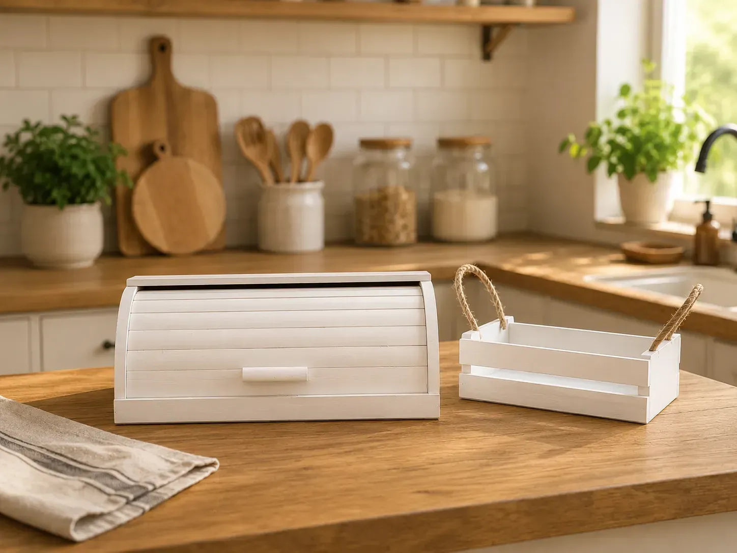 White wooden bread box and storage basket set