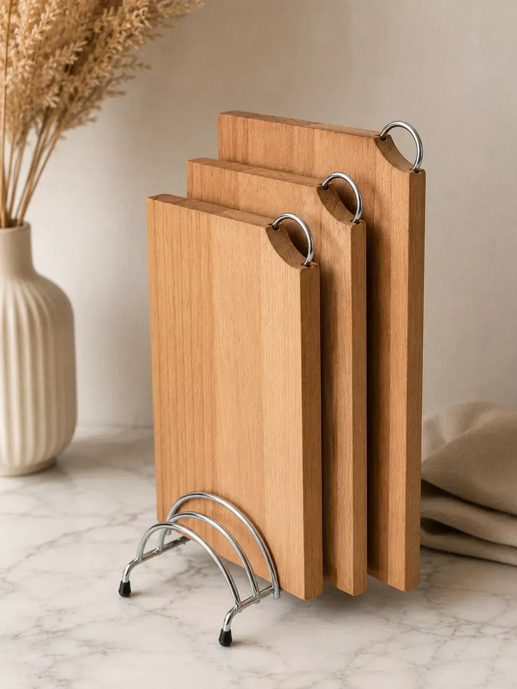 Premium natural oak cutting boards with modern metal stand