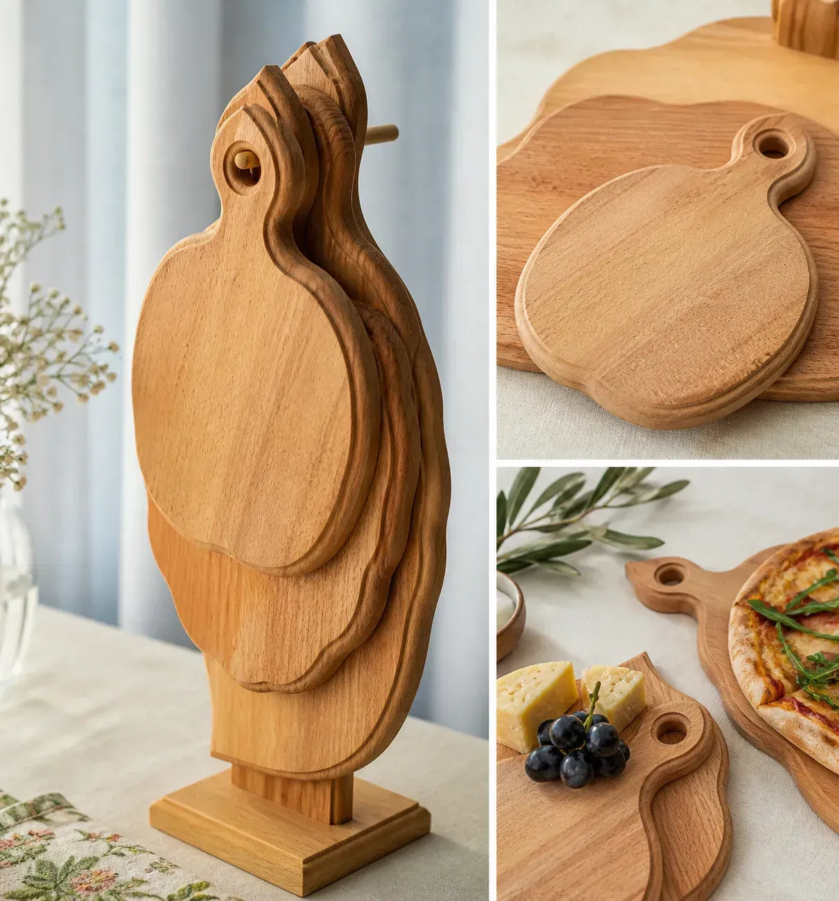 Handmade wooden cutting board set with four natural wood boards on a vertical storage stand