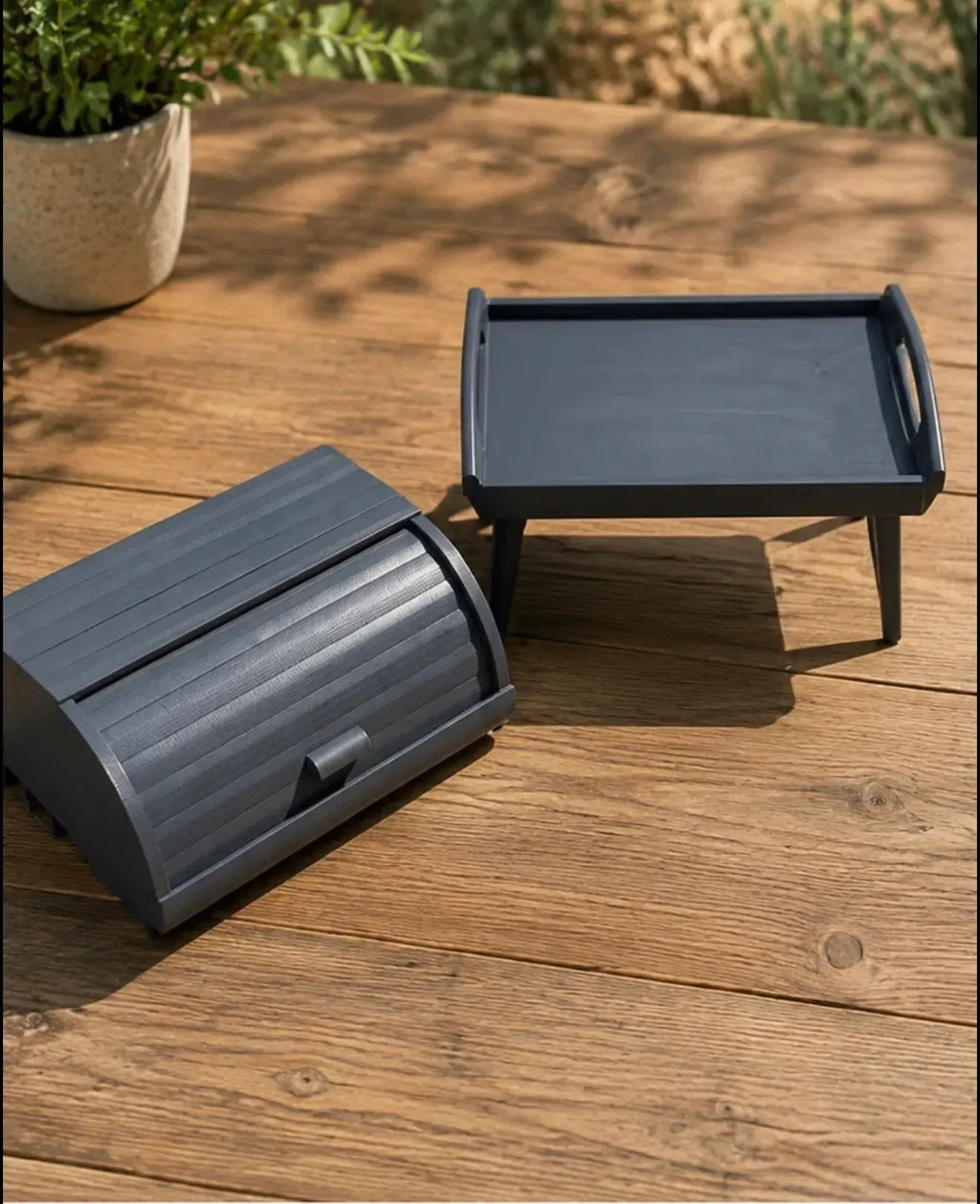 Gray wooden bread box and breakfast tray set