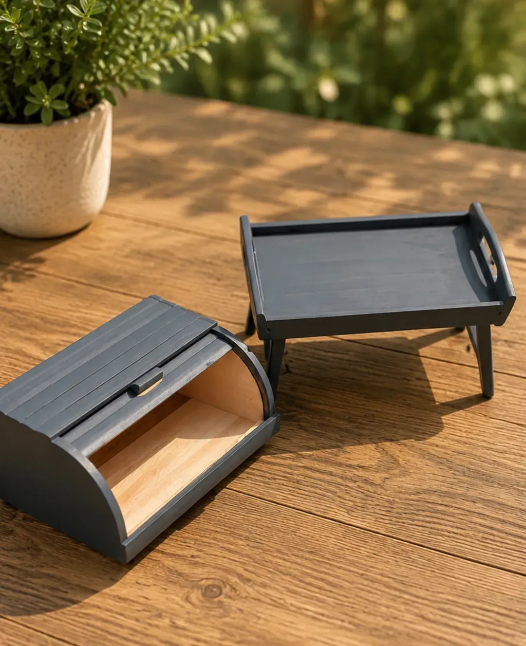 Handmade gray bread storage box with serving tray