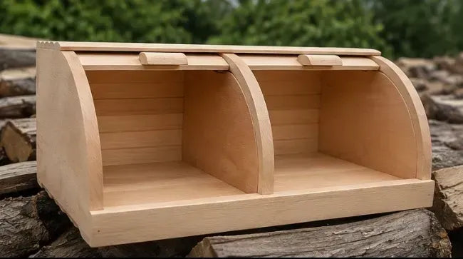 Handmade eco bread box with two roll-top compartments