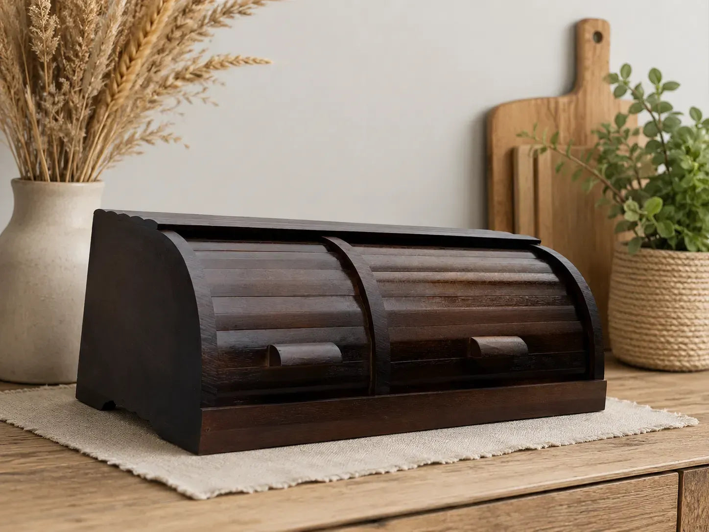 Double wooden bread box in wenge finish with two roll-top compartments