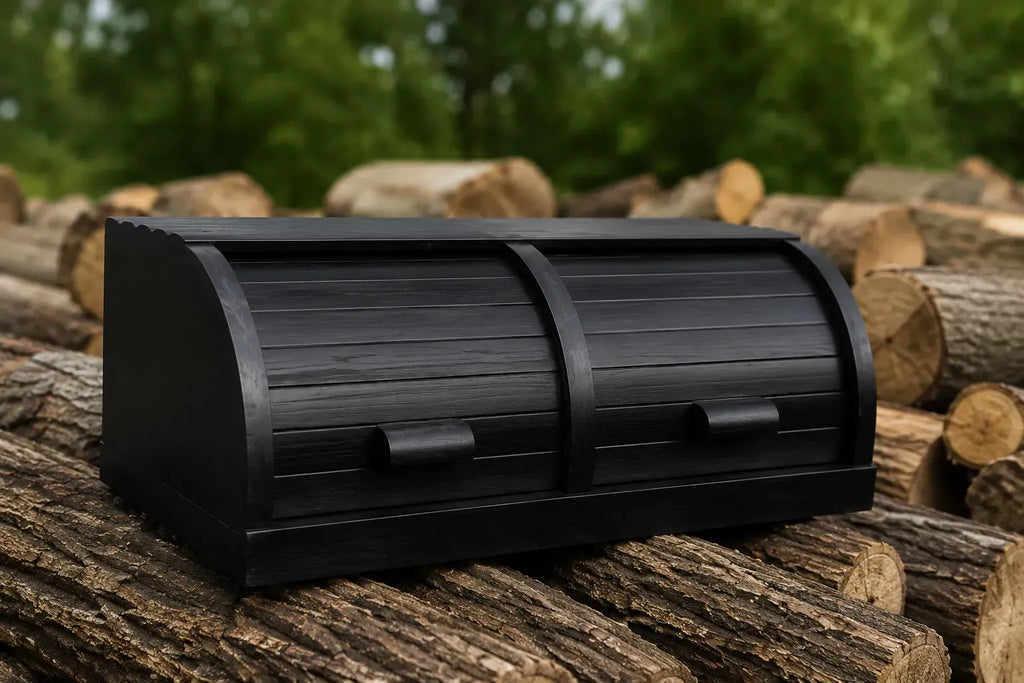 Black double wooden bread box with two compartments made from natural beech wood