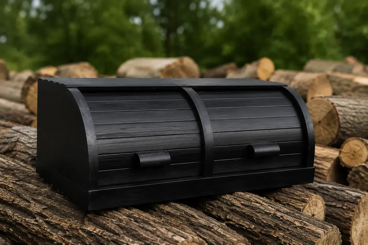 Black double wooden bread box with two compartments made from natural beech wood