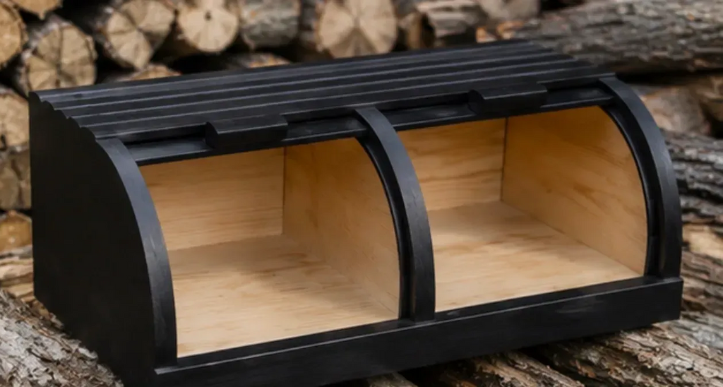 Handmade black bread box with dual roll top compartments for bread storage