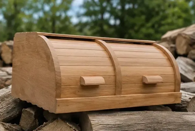 Handmade double bread storage box with roll top doors and brown wood finish