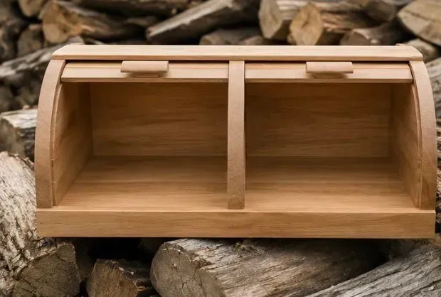Open double wooden bread box showing two independent storage compartments
