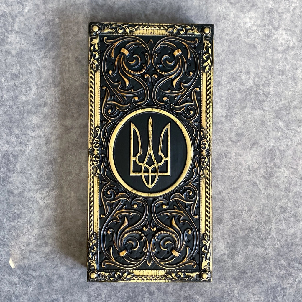 Luxury handcrafted backgammon board with Ukrainian Tryzub symbol, ornate carved wood cover