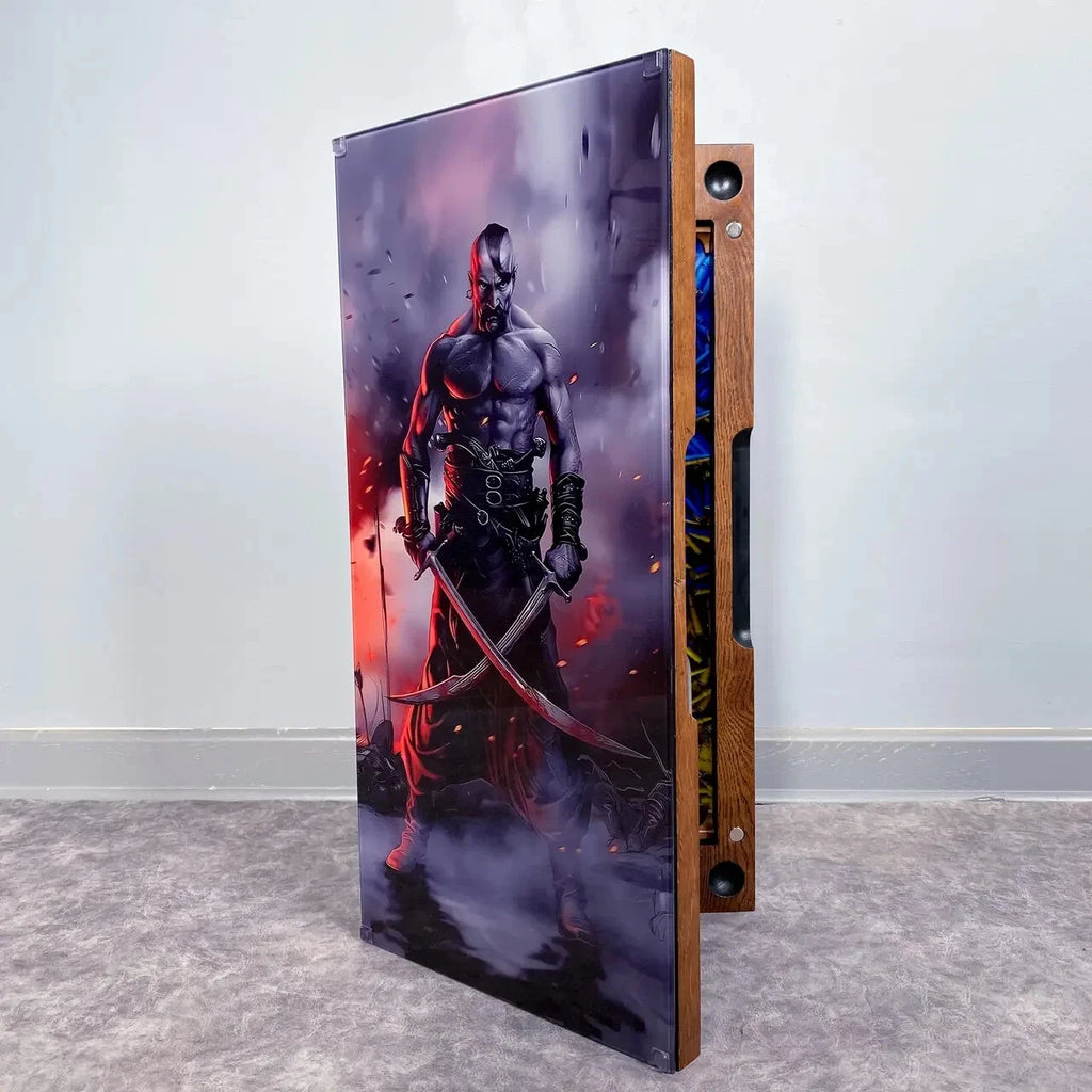 Wooden backgammon set with tempered glass featuring Zaporozhian Cossack warrior artwork
