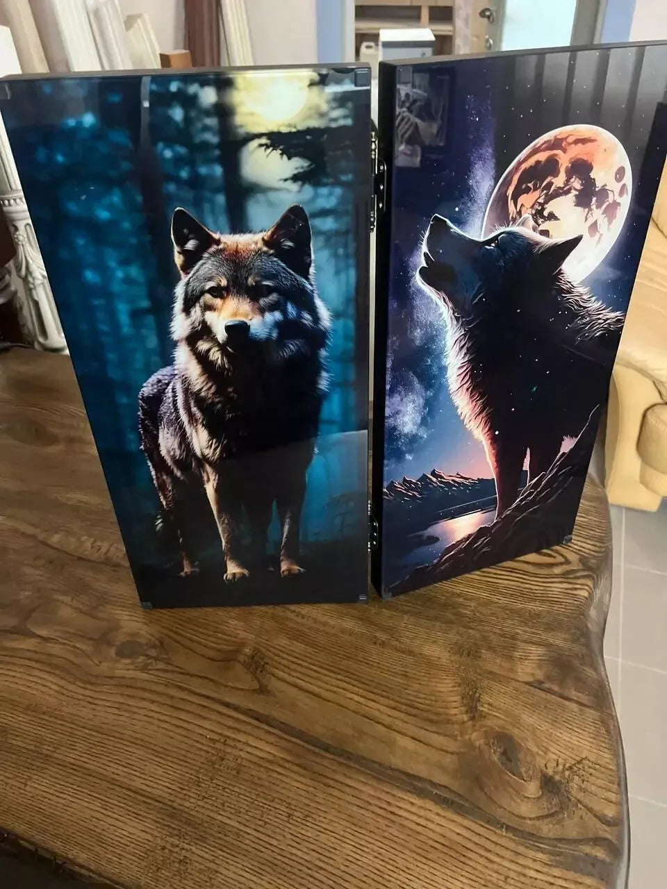 Wooden backgammon board with Night Wolves artwork under tempered glass, front and back view