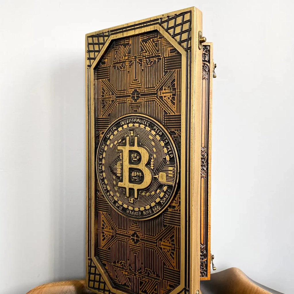 Wooden backgammon board with carved Bitcoin symbol, luxury handmade crypto themed game set