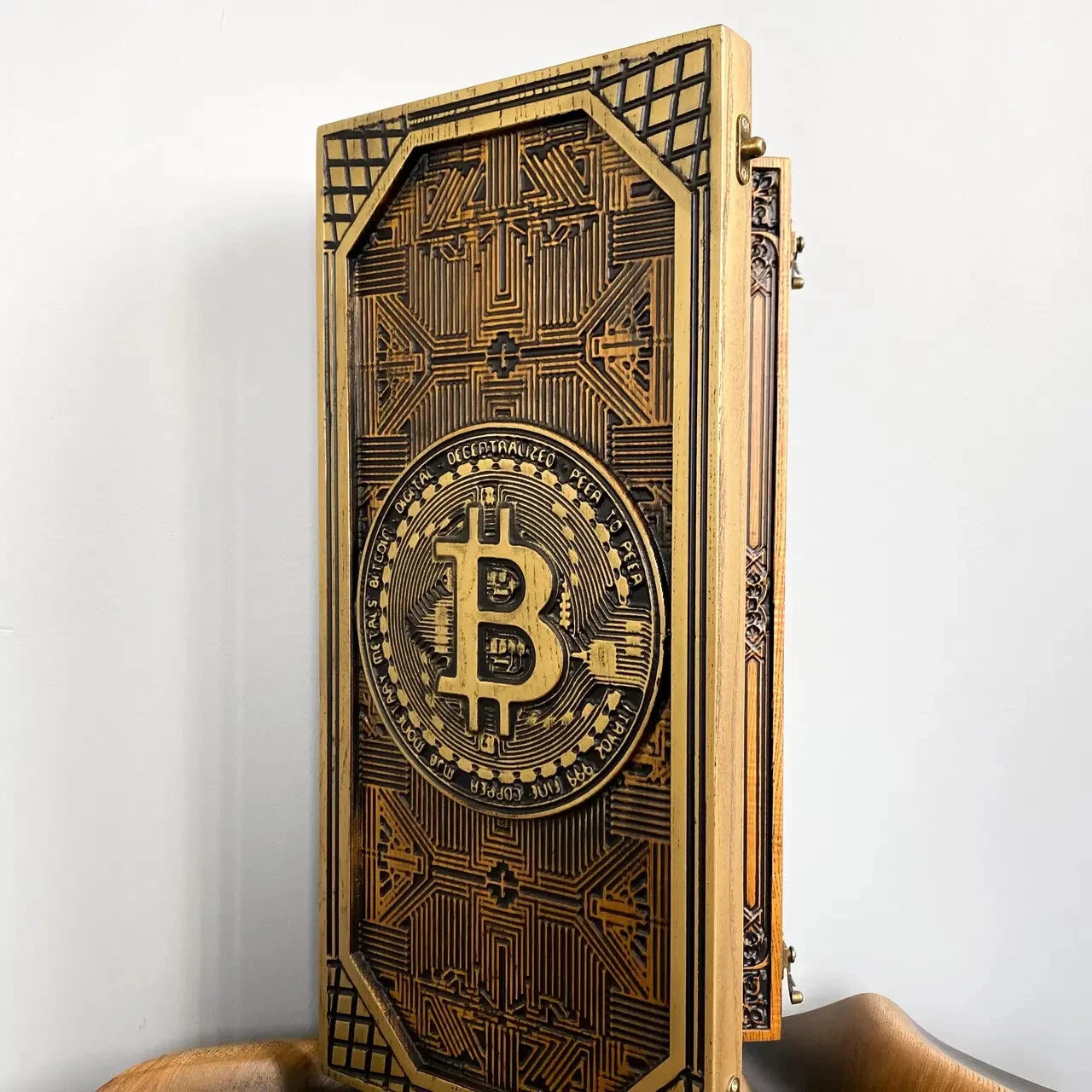 Wooden backgammon board with carved Bitcoin symbol, luxury handmade crypto themed game set