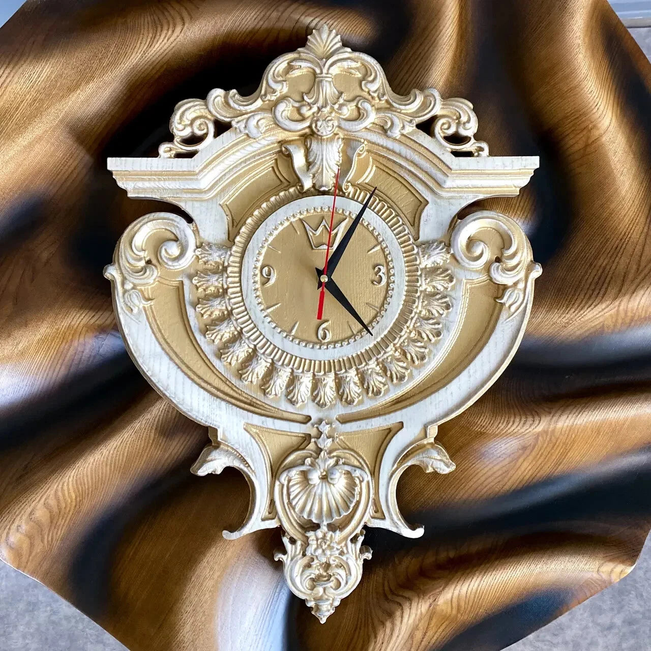 Handcrafted luxury wall clock with ornate baroque design in white and gold finish, decorative wooden clock for classic interior decor