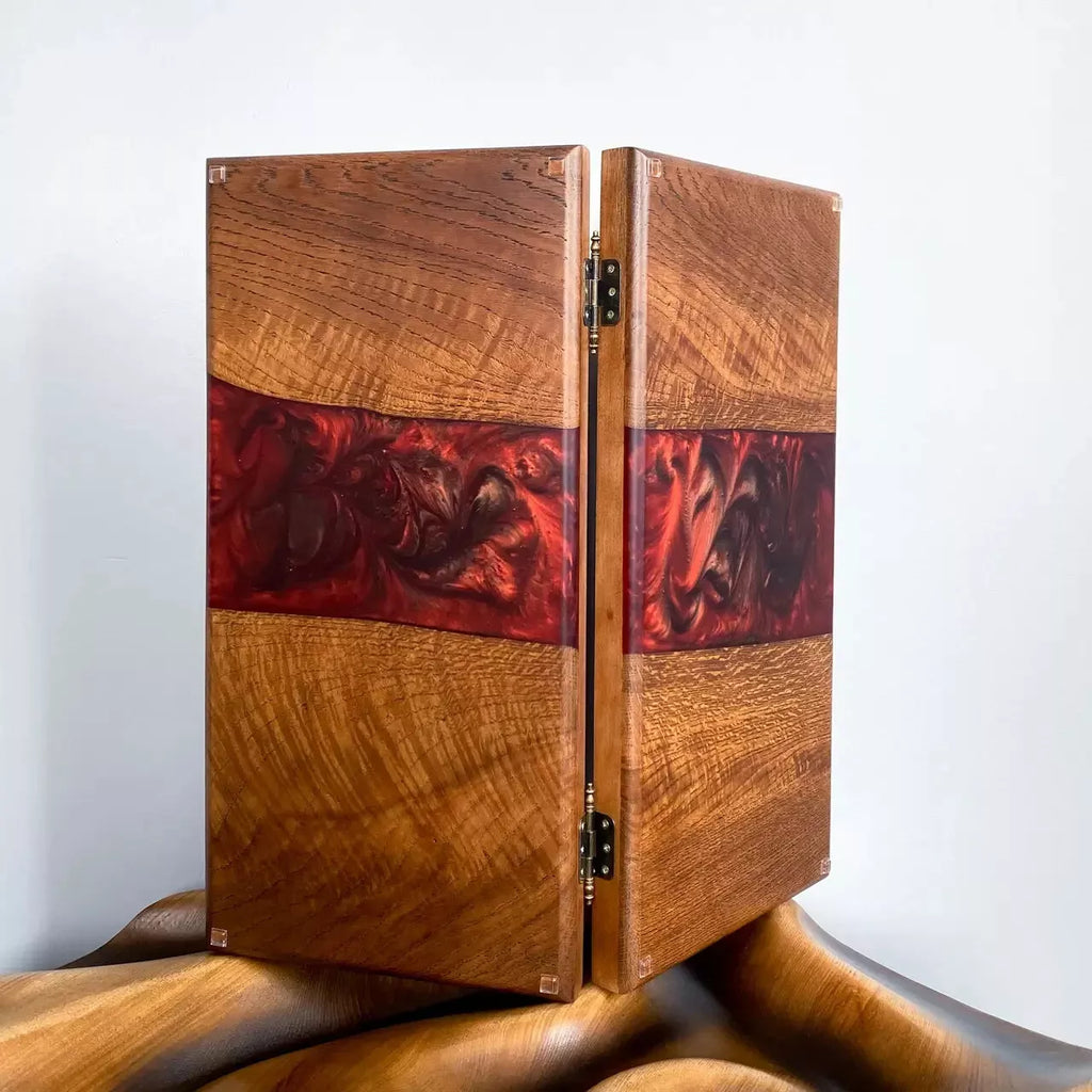 Closed wooden backgammon set with red epoxy resin stripe, natural wood grain handmade board
