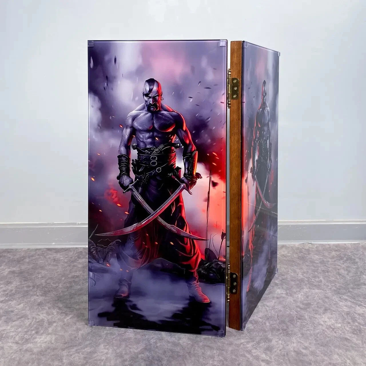Wooden backgammon set with tempered glass featuring a dark warrior with dual swords, dramatic fantasy design on the outer panels