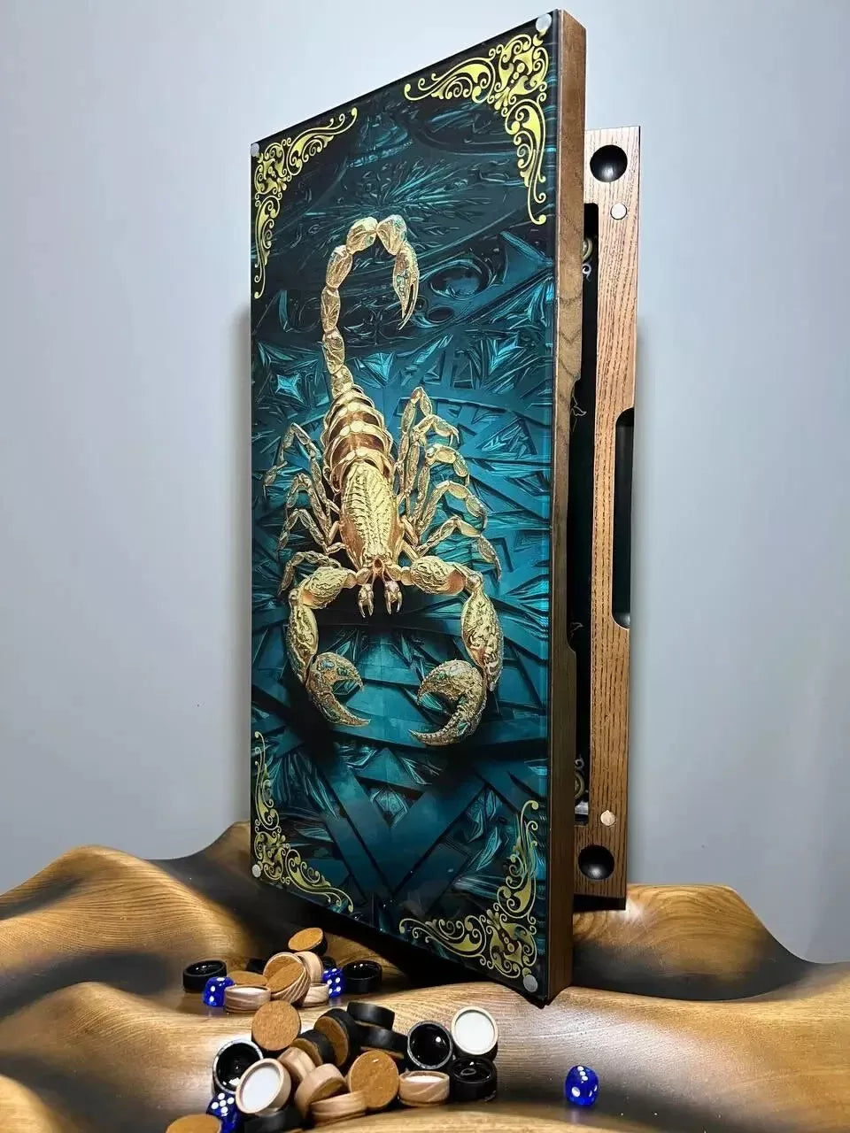 Wooden backgammon set with blue scorpion design, side view showing solid frame and premium craftsmanship