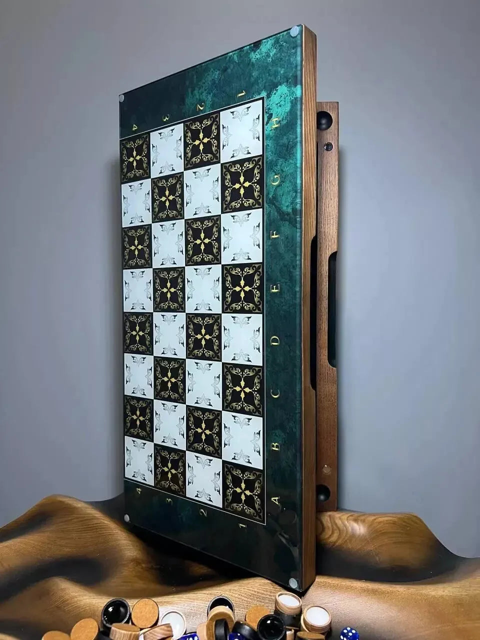 Handcrafted wooden chess board with tempered glass surface, luxury 3 in 1 game set