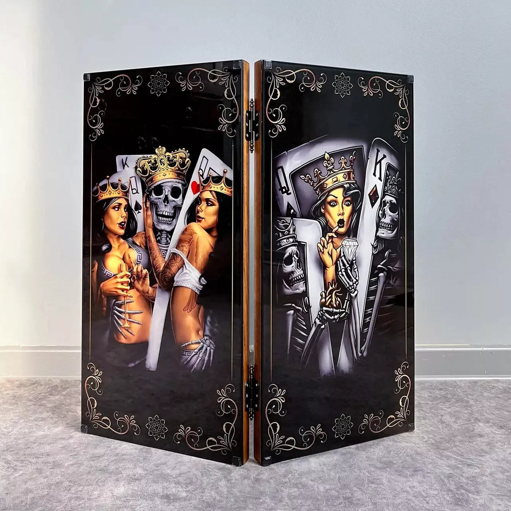 Wooden backgammon board with tempered glass featuring dark poker-themed artwork with crowned kings, playing cards, and skeleton figures