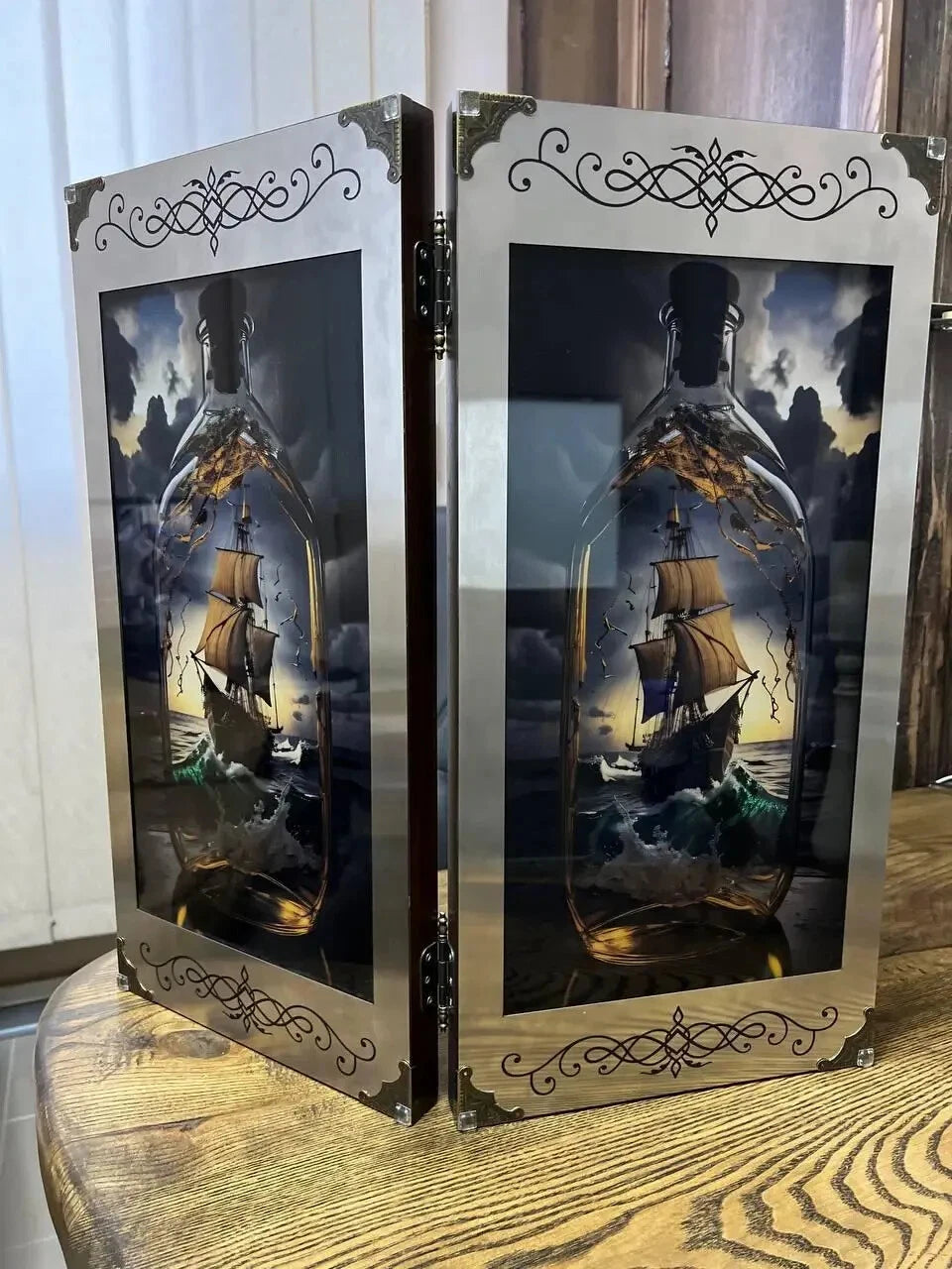 Premium backgammon board with maritime ship illustration inside bottle, artistic fantasy design and wooden finish