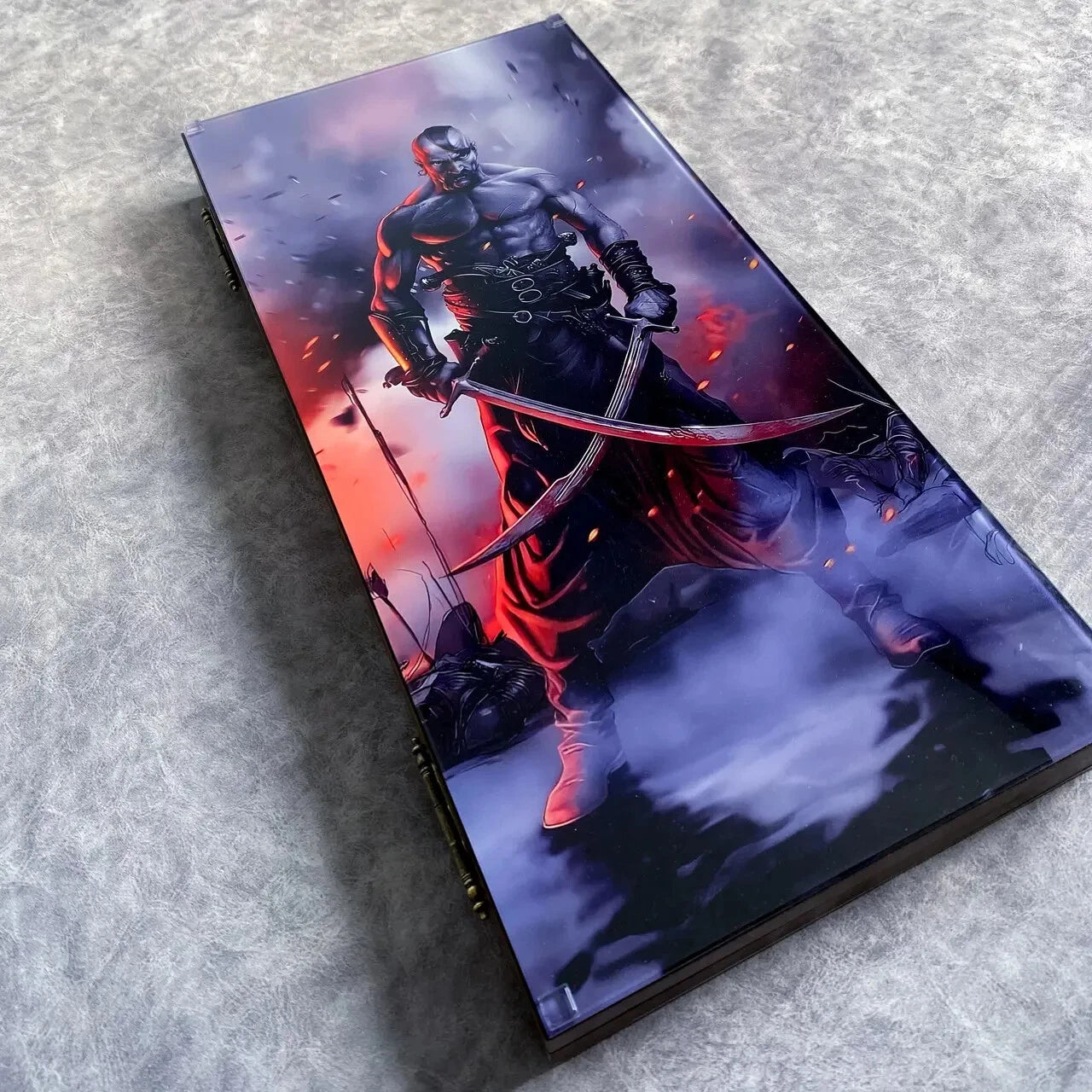 Handcrafted wooden backgammon board with fantasy warrior artwork under tempered glass, premium artistic game set